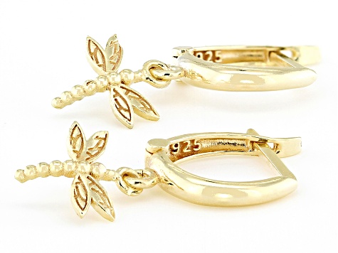 18k Yellow Gold Over Sterling Silver Dragonfly Dangling Huggie Hoop Earrings