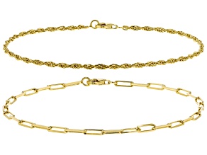 18k Yellow Gold Over Sterling Silver 2mm Rope & 2.5mm Paperclip Link Bracelet Set of 2