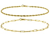 18k Yellow Gold Over Sterling Silver 2mm Rope & 2.5mm Paperclip Link Bracelet Set of 2