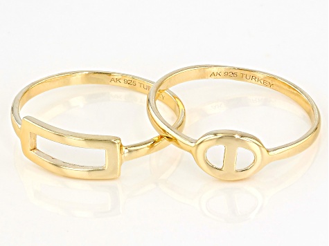 18k Yellow Gold Over Sterling Silver Mariner Link & Paperclip Link Ring Set of 2