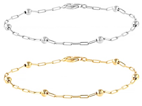 Sterling Silver & 18k Yellow Gold Over Sterling Silver Bead Station Paperclip Link Bracelet Set of 2