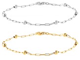 Sterling Silver & 18k Yellow Gold Over Sterling Silver Bead Station Paperclip Link Bracelet Set of 2