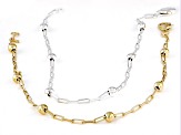 Sterling Silver & 18k Yellow Gold Over Sterling Silver Bead Station Paperclip Link Bracelet Set of 2