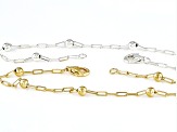 Sterling Silver & 18k Yellow Gold Over Sterling Silver Bead Station Paperclip Link Bracelet Set of 2