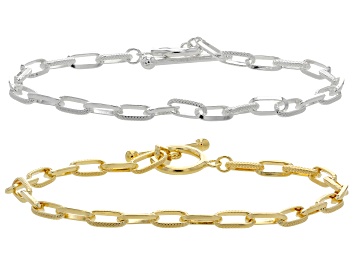 Picture of Sterling Silver & 18k Yellow Gold Over Sterling Silver Textured/Polished Paperclip Bracelet Set of 2