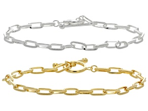Sterling Silver & 18k Yellow Gold Over Sterling Silver Textured/Polished Paperclip Bracelet Set of 2