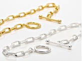 Sterling Silver & 18k Yellow Gold Over Sterling Silver Textured/Polished Paperclip Bracelet Set of 2