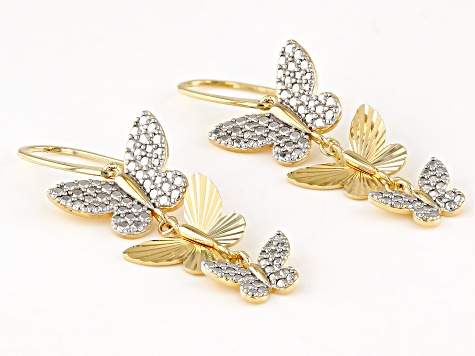 18k Yellow Gold Over Sterling Silver & Rhodium Over Sterling Silver Butterfly Dangle Earrings