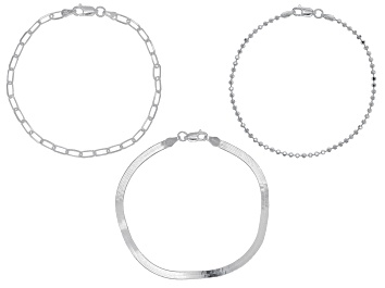 Picture of Sterling Silver Bead, Paperclip, & Herringbone Link Bracelet Set of 3