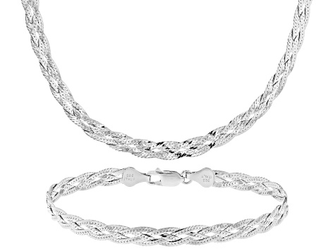 Sterling Silver 5mm Braided Herringbone Link Bracelet & 18 Inch Chain Set of 2