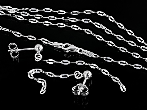 Sterling Silver Mirror Link Multi-Row 18 Inch Necklace & Dangle Earrings Set of 2