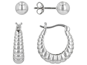 Picture of Sterling Silver Croissant Style Hoop Earring & 6mm Ball Stud Earring Set of 2