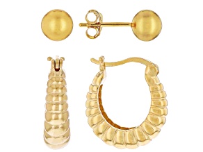 18k Yellow Gold Over Sterling Silver Croissant Style Hoop Earring & 6mm Ball Stud Earring Set of 2