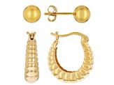 18k Yellow Gold Over Sterling Silver Croissant Style Hoop Earring & 6mm Ball Stud Earring Set of 2