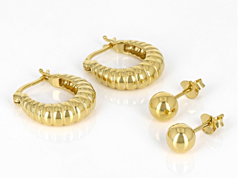 18k Yellow Gold Over Sterling Silver Croissant Style Hoop Earring & 6mm Ball Stud Earring Set of 2