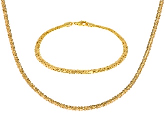 18k Yellow Gold Over Sterling Silver 4mm Byzantine Link Bracelet & 20 Inch Chain Set of 2