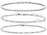 Sterling Silver Diamond-Cut 2mm Bead, 3.3mm Paperclip, & 2mm Singapore Link Bracelet Set of 3