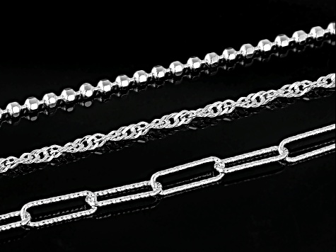 Sterling Silver Diamond-Cut 2mm Bead, 3.3mm Paperclip, & 2mm Singapore Link Bracelet Set of 3