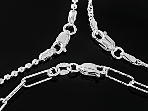 Sterling Silver Diamond-Cut 2mm Bead, 3.3mm Paperclip, & 2mm Singapore Link Bracelet Set of 3