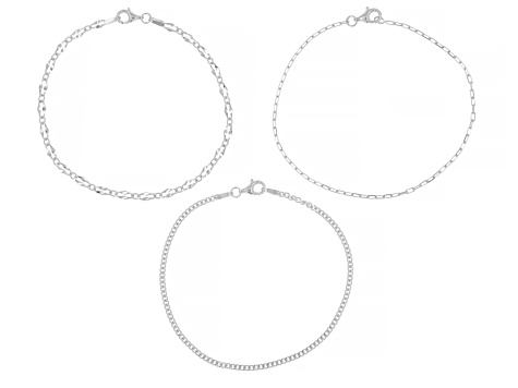 Sterling Silver 1.6mm Paperclip, 2mm Curb, & 3mm Mirror Link Bracelet Set of 3
