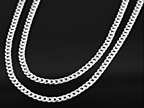 Sterling Silver 3.2mm Flat Curb 18 & 20 Inch Chain Set of 2