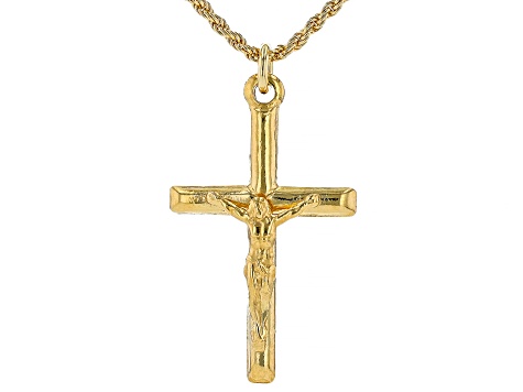 18k Yellow Gold Over Sterling Silver Crucifix Pendant 20 Inch Necklace