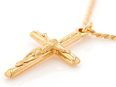 18k Yellow Gold Over Sterling Silver Crucifix Pendant 20 Inch Necklace