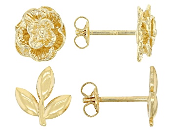 Picture of 18k Yellow Gold Over Sterling Silver Rose & Leaf Stud Earring Set of 2