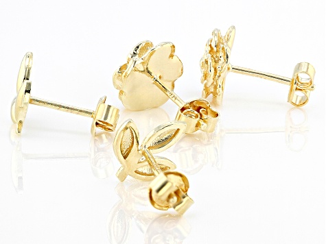 18k Yellow Gold Over Sterling Silver Rose & Leaf Stud Earring Set of 2