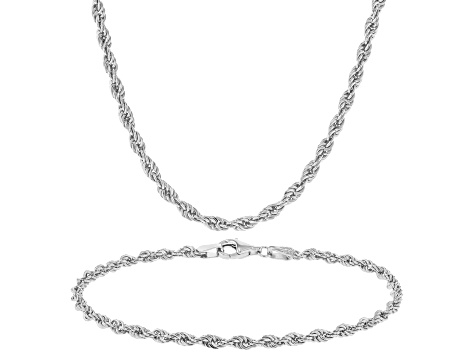 Sterling Silver 3mm High Polished Rope Link Bracelet & 18 Inch Chain Set of 2