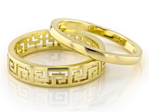 18k Yellow Gold Over Sterling Silver Polished Band Ring & Greek Key Band Ring Set of 2