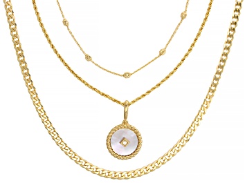 Picture of 18k Yellow Gold Over Sterling Silver Multi-Row Mother Of Pearl & Cubic Zirconia Pendant 16" Necklace