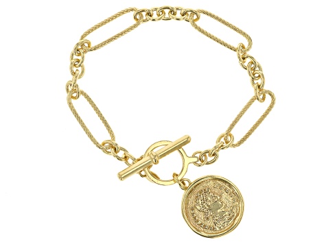 18k Yellow Gold Over Sterling Silver Paperclip Station Coin Toggle Bracelet