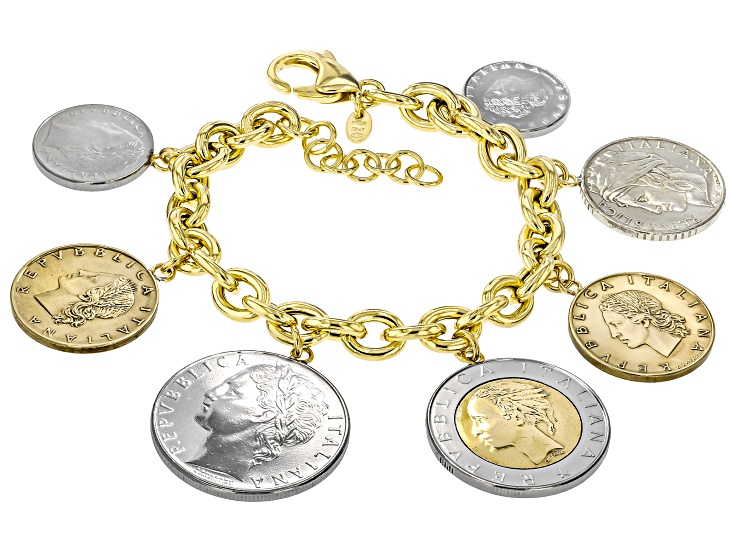 18k Yellow Gold Over Sterling Silver Charm Bracelet With Lire Coin