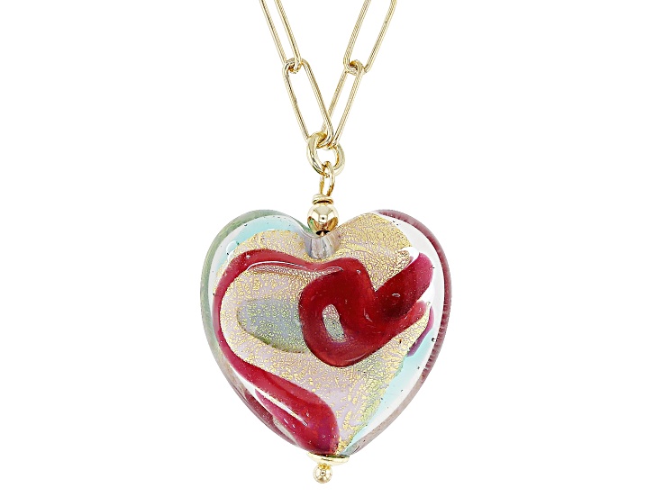 18k Yellow Gold Over Sterling Silver Murano Glass Heart Pendant Paperclip Link 20 Inch Necklace