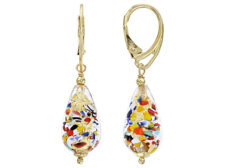 18k Yellow Gold Over Sterling Silver Murano Glass Teardrop Dangle