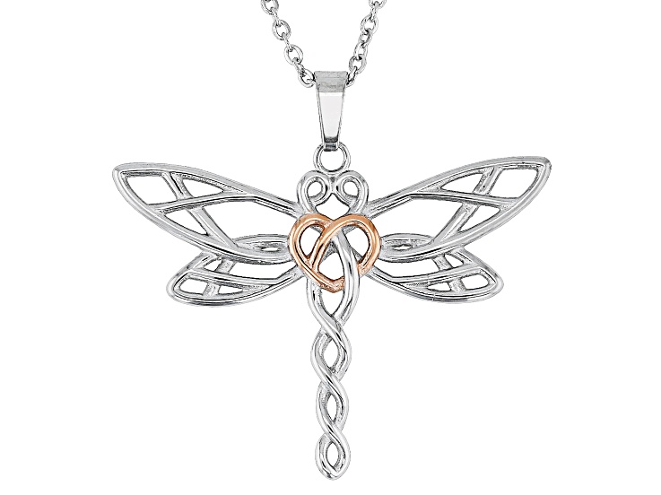 Silver Tone & Rose Tone Dragonfly Heart Pendant With 22 Inch