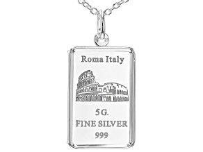 .999 Fine Silver 5g Roman Colosseum Ingot Pendant With Sterling Silver Frame & 20 Inch Cable Chain