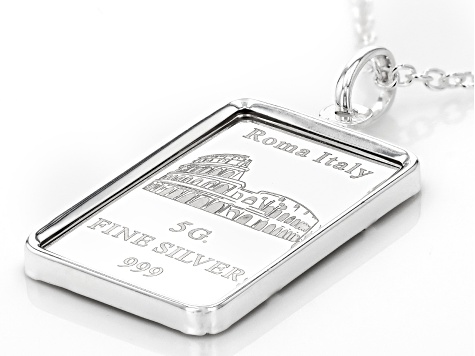 .999 Fine Silver 5g Roman Colosseum Ingot Pendant With Sterling Silver Frame & 20 Inch Cable Chain