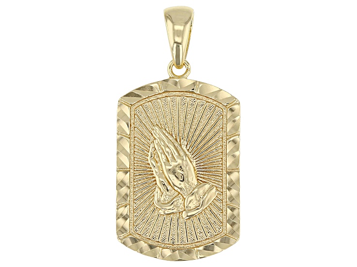14k Yellow Gold Over Sterling Silver Praying Hands Dog Tag Pendant