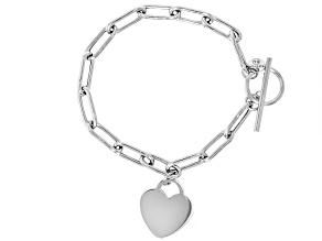 Rhodium Over Sterling Silver Paperclip with Dangle Heart Toggle Bracelet