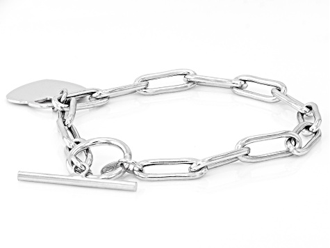 Rhodium Over Sterling Silver Paperclip with Dangle Heart Toggle