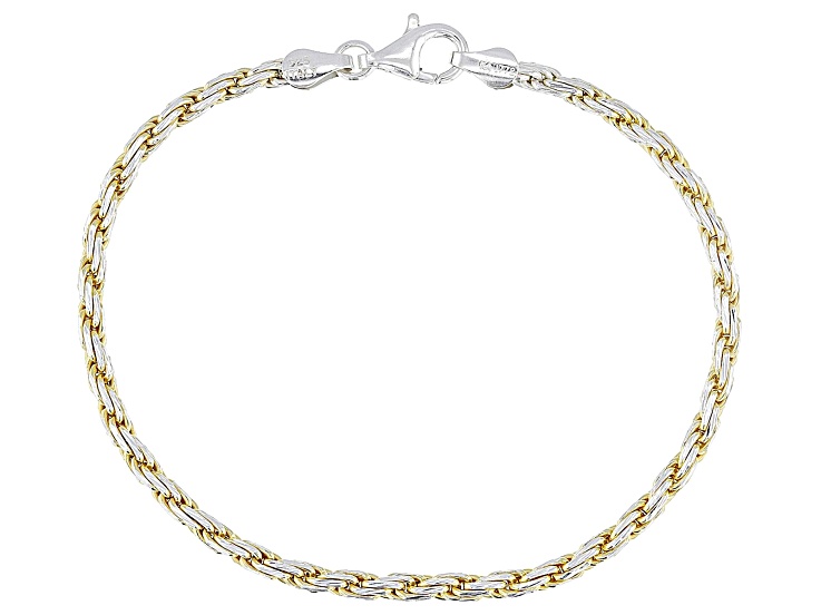 Sterling Silver and 18k Yellow Gold Over Sterling Silver Two-Tone 2.8mm Diamond Cut Rope Bracelet
