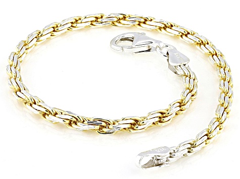 Sterling Silver and 18k Yellow Gold Over Sterling Silver Two-Tone 2.8mm Diamond Cut Rope Bracelet