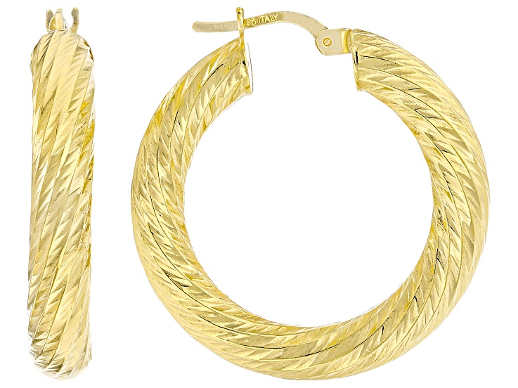 18k Yellow Gold Over Sterling Silver Diamond Cut Swirl 1" Hoop Earrings