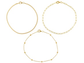 18k Yellow Gold Over Sterling Silver 2mm Cable, 2.5mm Paperclip and 3mm Bead Bracelet Set of 3