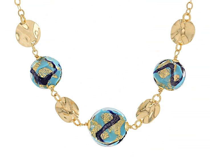 18k Yellow Gold Over Sterling Silver Ocean Wave Murano Glass and Hammered Disc Station Necklace