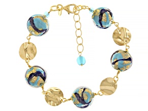 18k Yellow Gold Over Sterling Silver Ocean Wave Murano Glass and Hammered Disc Station Bracelet