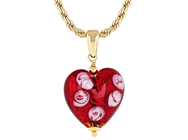 18k Yellow Gold Over Sterling Silver Red Swirl Murano Glass Heart Pendant with Chain