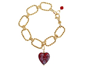 18k Yellow Gold Over Sterling Silver Red Swirl Murano Glass Heart Charm Bracelet